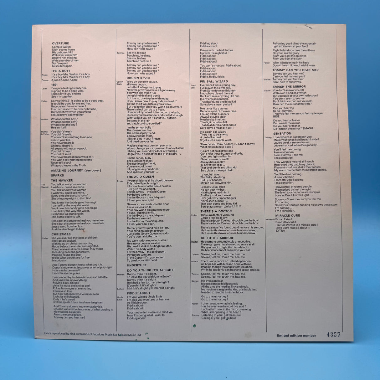 The Who - Tommy Laminated Sleeve and Numbered on Booklet Vinyl